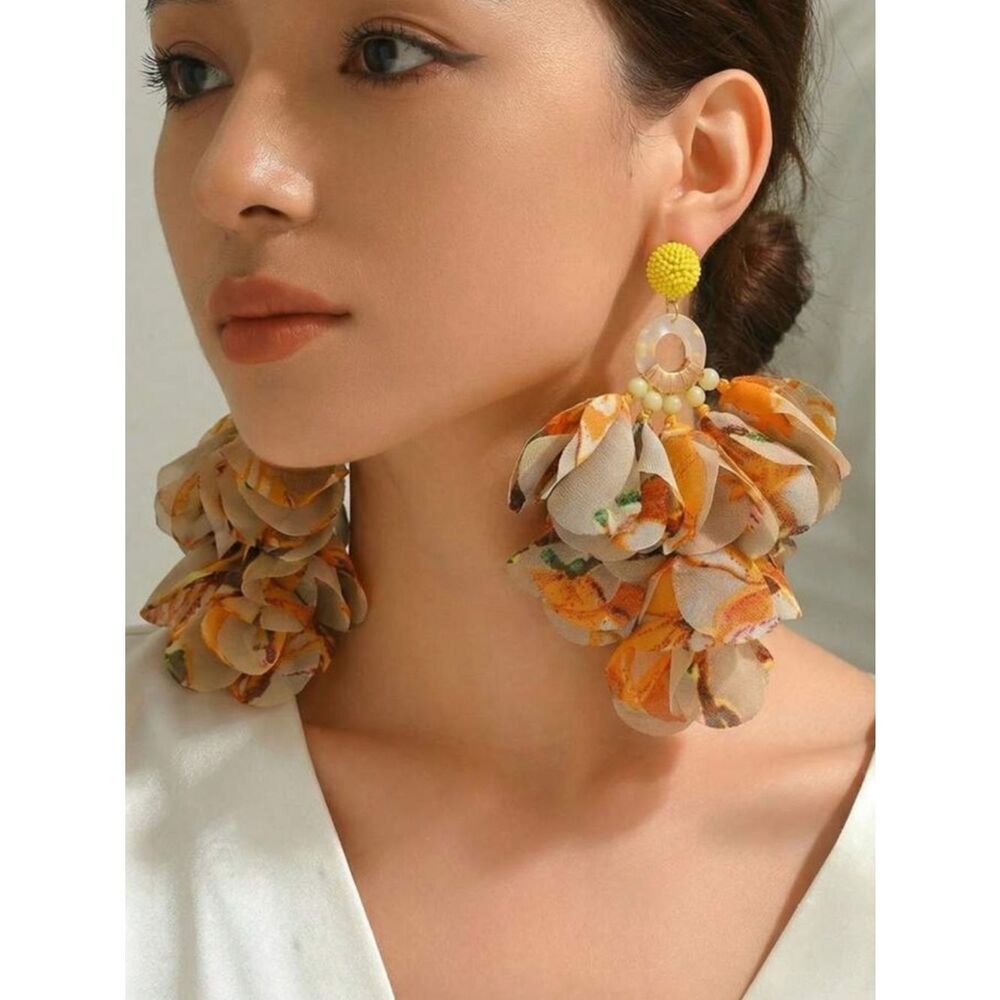 Floral Fabric Drop Earrings - Yellow R 526